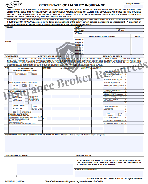 A certificate of insurance example