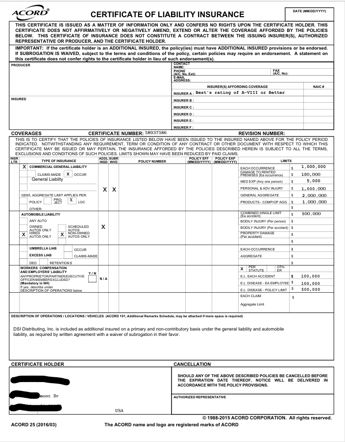 Example certificate of insurance